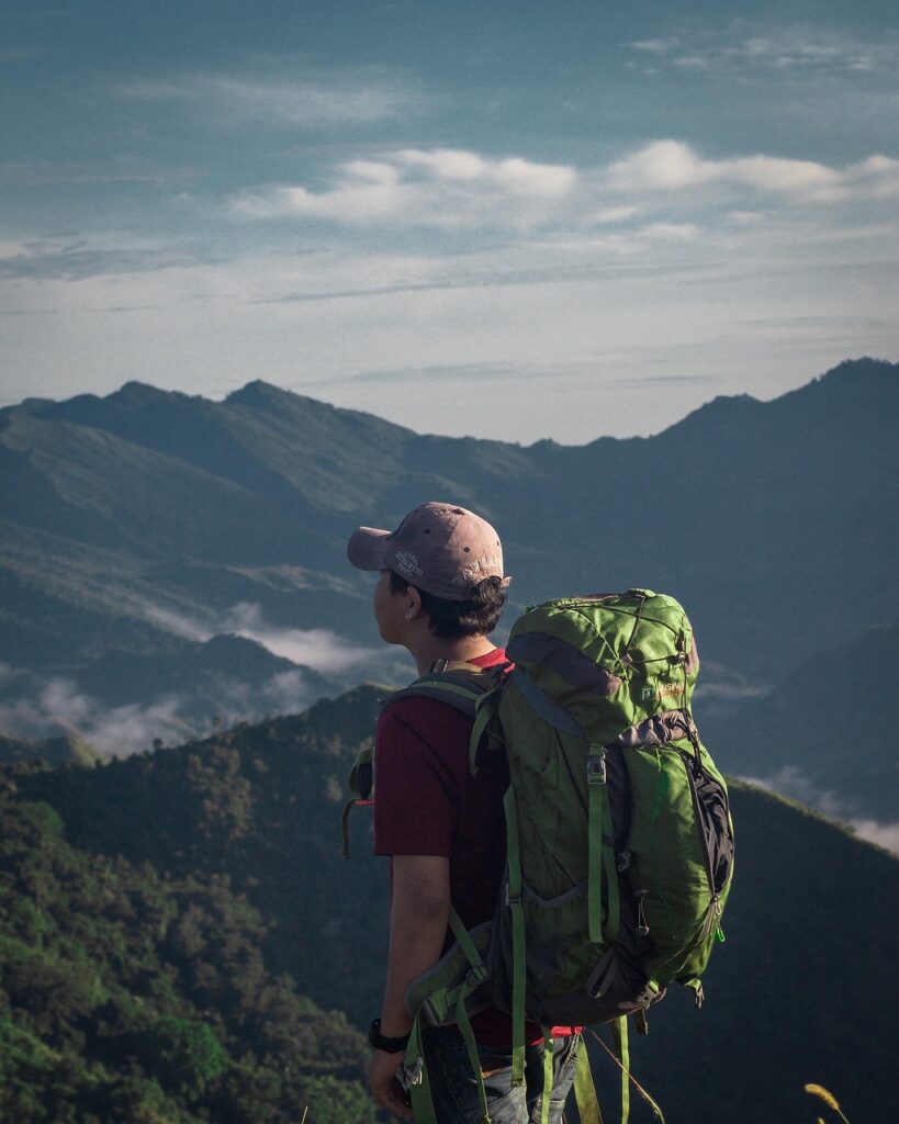 mountain, man, backpack, hiker, backpacker, sky, trees, forest, travel, nature, landscape