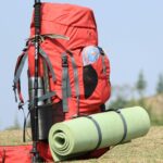 Red backpack with hiking pole and mat on grassy field with forest background.